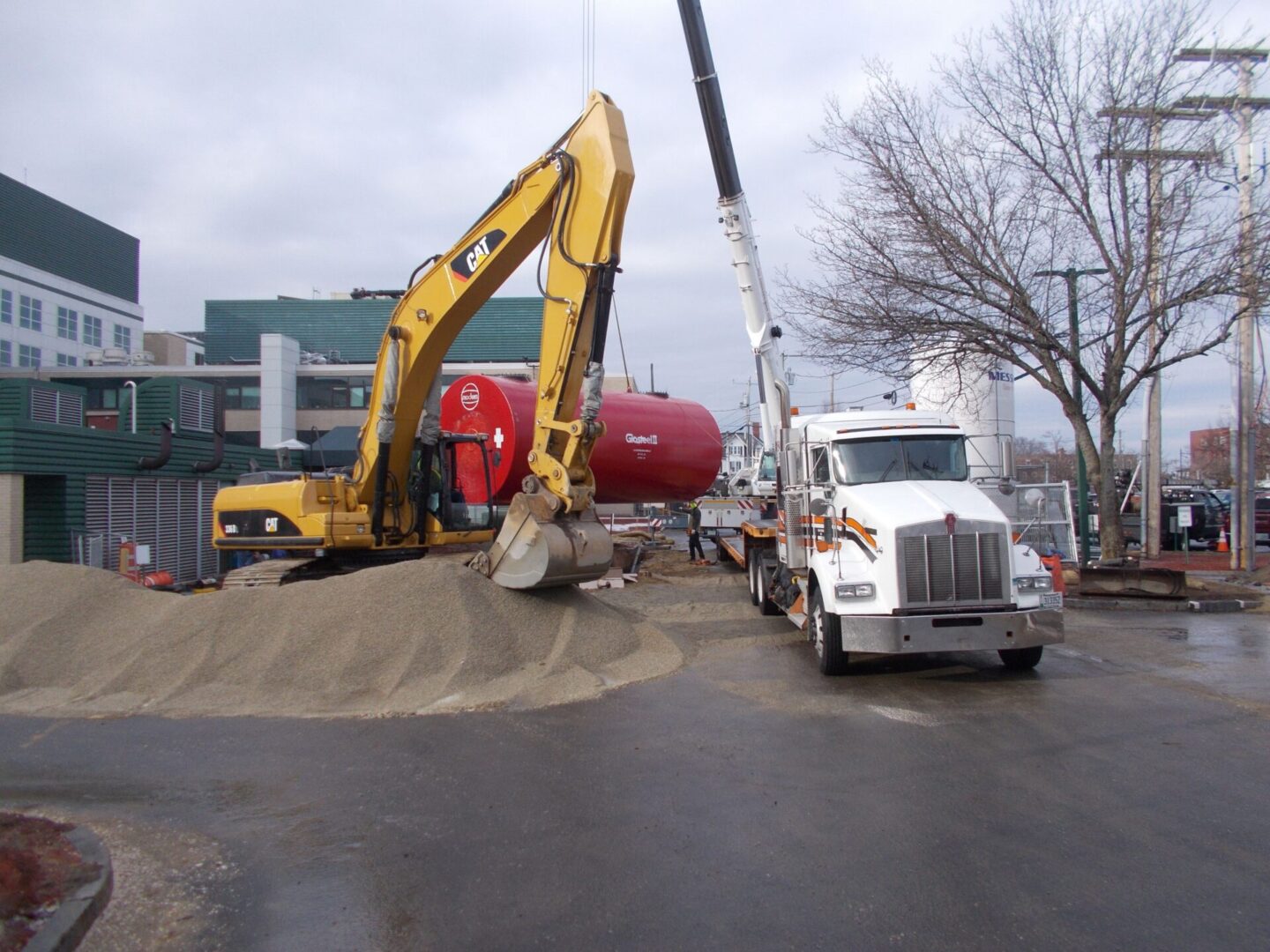 A large truck is being used to move concrete.