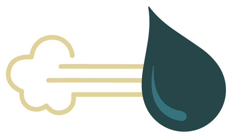 Steam and water drop icon on black.