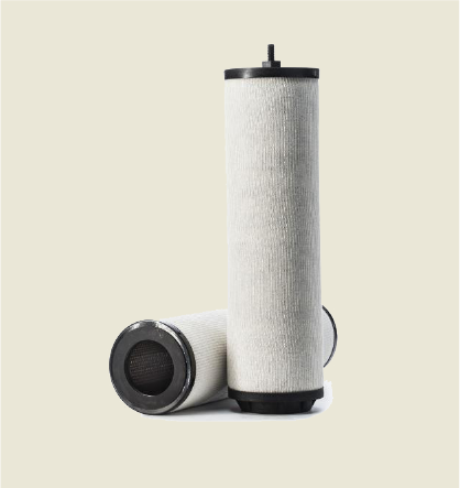 Two cylindrical water filters on beige background.