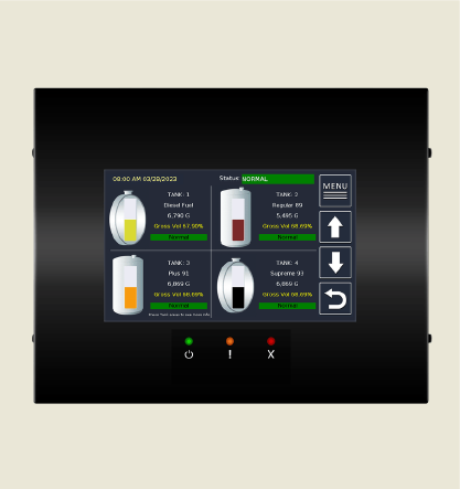 Control panel displaying tank levels and status.